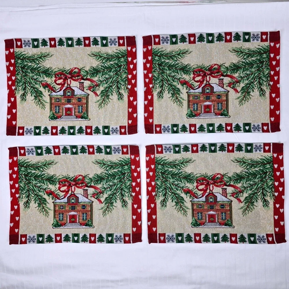 Vintage Christmas Tapestry Placemats Set Holiday Cottage Winter Decor 17.5x13